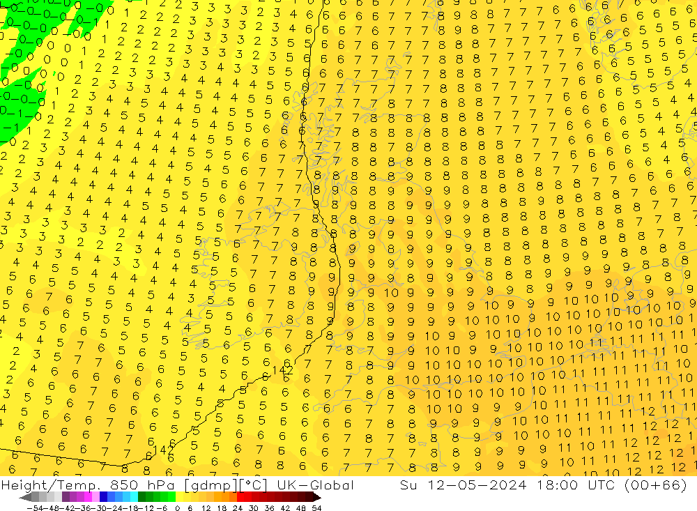Géop./Temp. 850 hPa UK-Global dim 12.05.2024 18 UTC