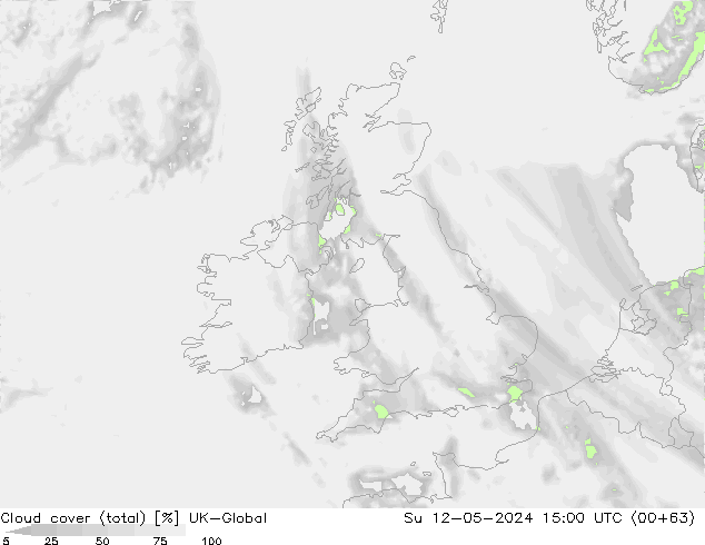 Cloud cover (total) UK-Global Su 12.05.2024 15 UTC