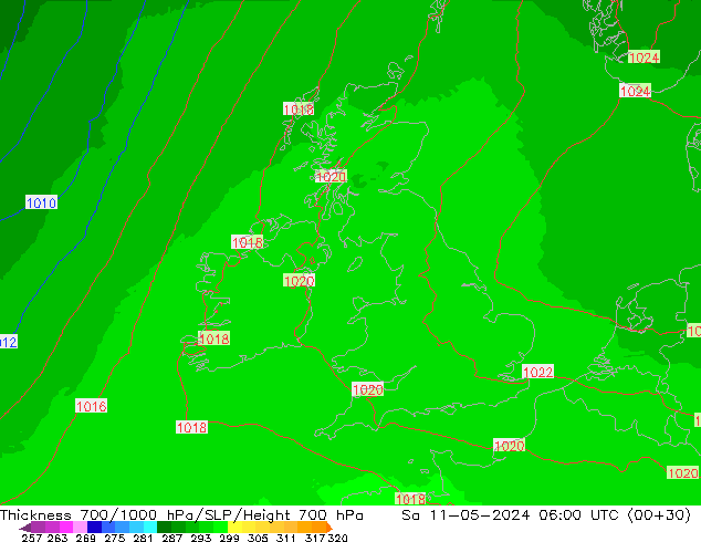 Dikte700-1000 hPa UK-Global za 11.05.2024 06 UTC