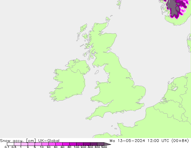 Snow accu. UK-Global Mo 13.05.2024 12 UTC