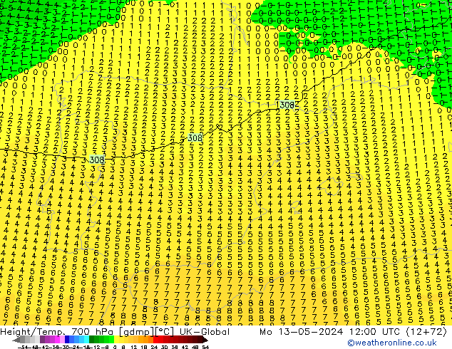 Height/Temp. 700 hPa UK-Global Seg 13.05.2024 12 UTC