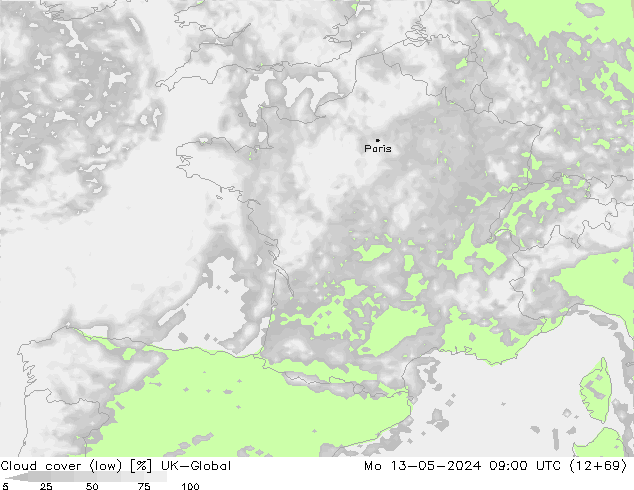 Cloud cover (low) UK-Global Mo 13.05.2024 09 UTC