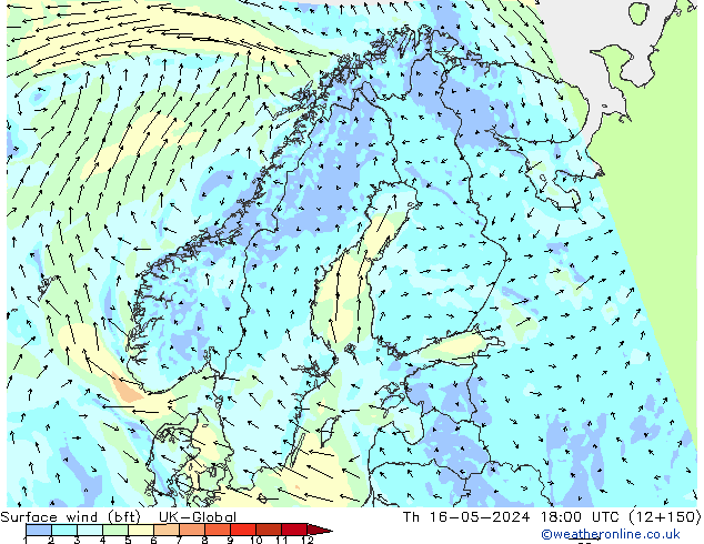 Surface wind (bft) UK-Global Čt 16.05.2024 18 UTC