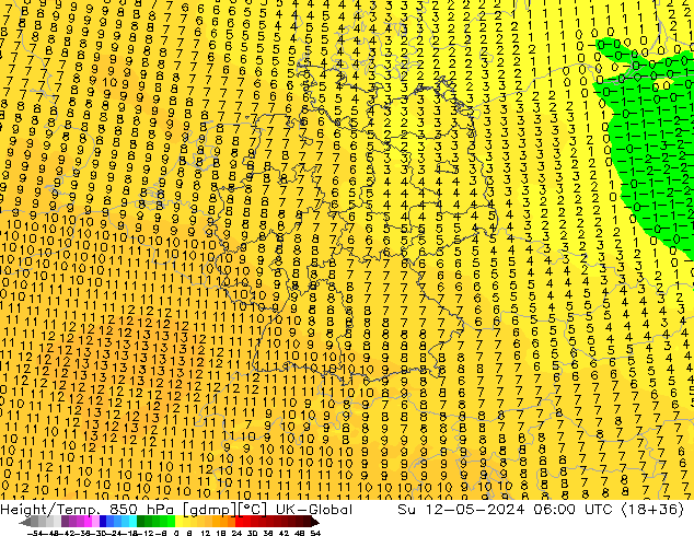 Yükseklik/Sıc. 850 hPa UK-Global Paz 12.05.2024 06 UTC