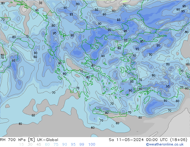 Humedad rel. 700hPa UK-Global sáb 11.05.2024 00 UTC