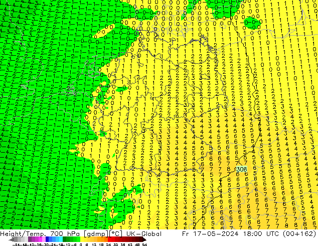 Hoogte/Temp. 700 hPa UK-Global vr 17.05.2024 18 UTC