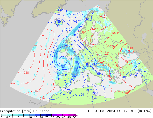 Precipitation UK-Global Tu 14.05.2024 12 UTC