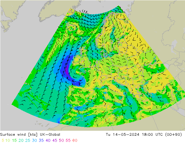 Surface wind UK-Global Tu 14.05.2024 18 UTC