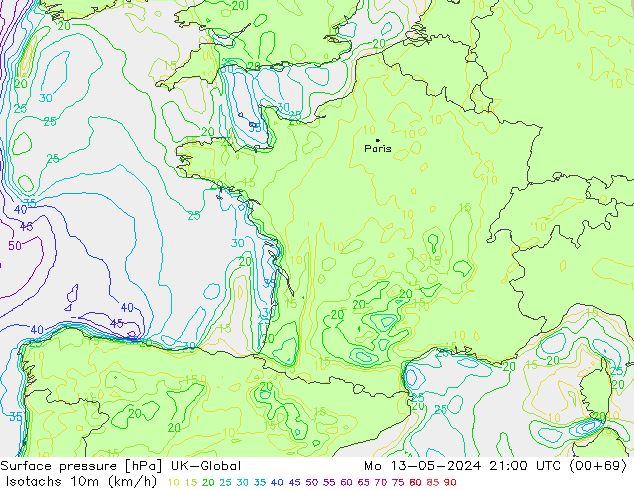 Isotachs (kph) UK-Global Mo 13.05.2024 21 UTC