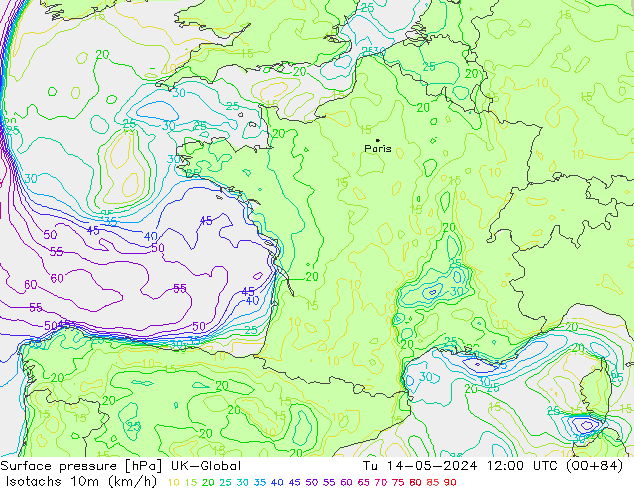 Isotachs (kph) UK-Global  14.05.2024 12 UTC