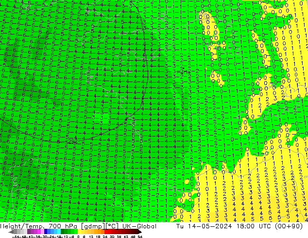 Height/Temp. 700 hPa UK-Global Tu 14.05.2024 18 UTC