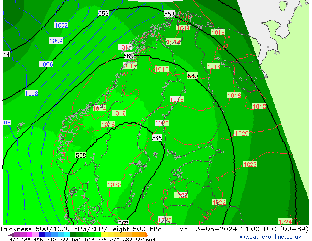 Thck 500-1000hPa UK-Global Mo 13.05.2024 21 UTC