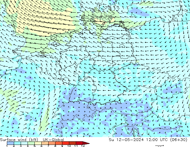 Surface wind (bft) UK-Global Su 12.05.2024 12 UTC