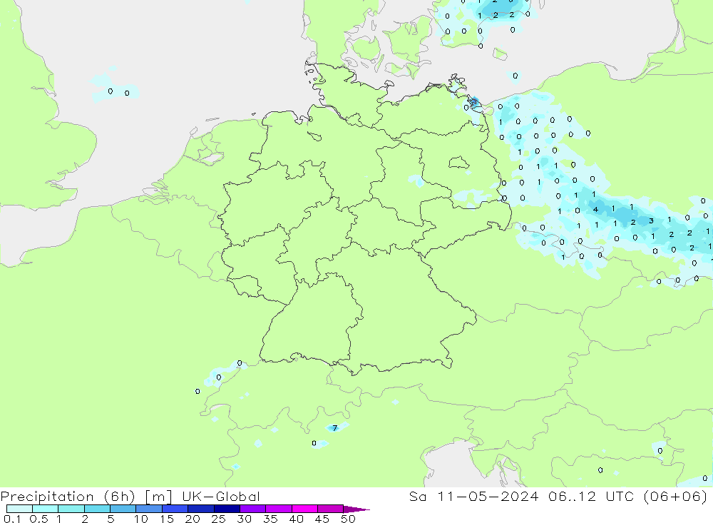 降水量 (6h) UK-Global 星期六 11.05.2024 12 UTC