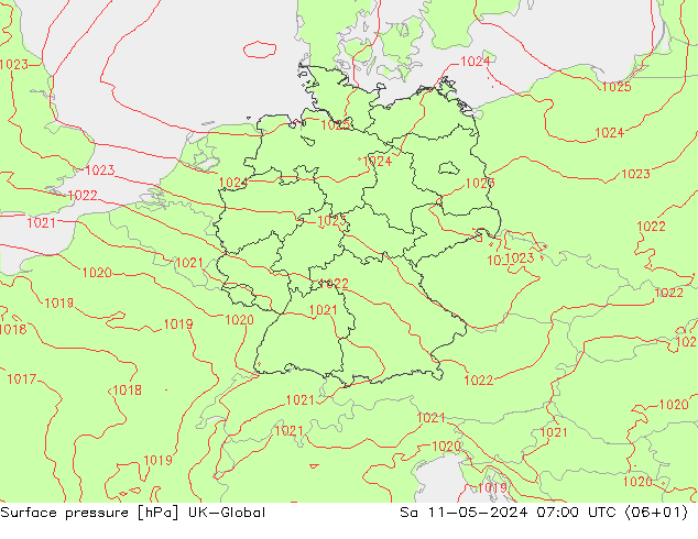地面气压 UK-Global 星期六 11.05.2024 07 UTC