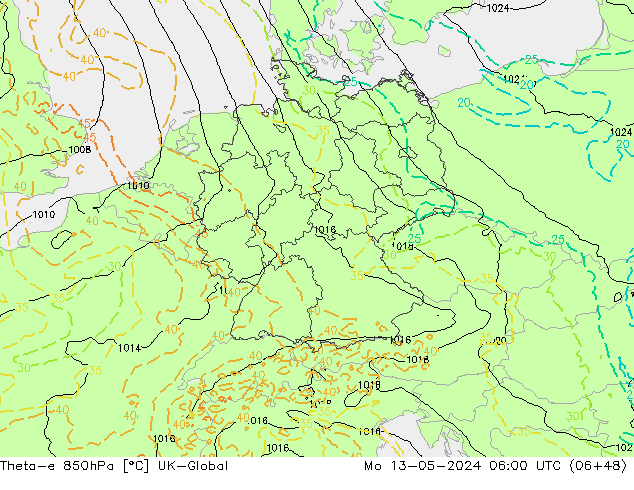 Theta-e 850hPa UK-Global ma 13.05.2024 06 UTC