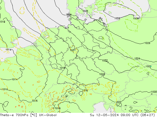 Theta-e 700hPa UK-Global Ne 12.05.2024 09 UTC