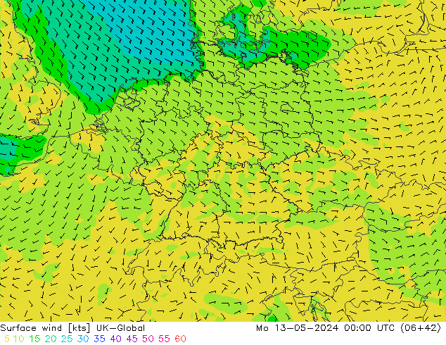 Surface wind UK-Global Mo 13.05.2024 00 UTC