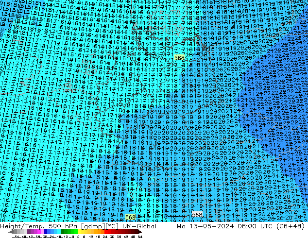 Height/Temp. 500 hPa UK-Global Mo 13.05.2024 06 UTC