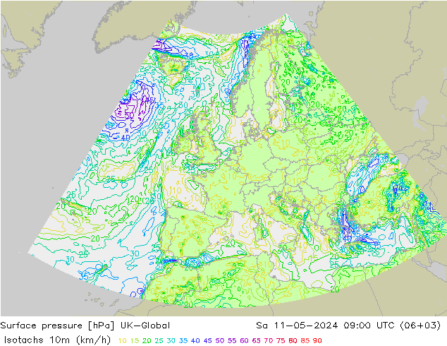 10米等风速线 (kph) UK-Global 星期六 11.05.2024 09 UTC