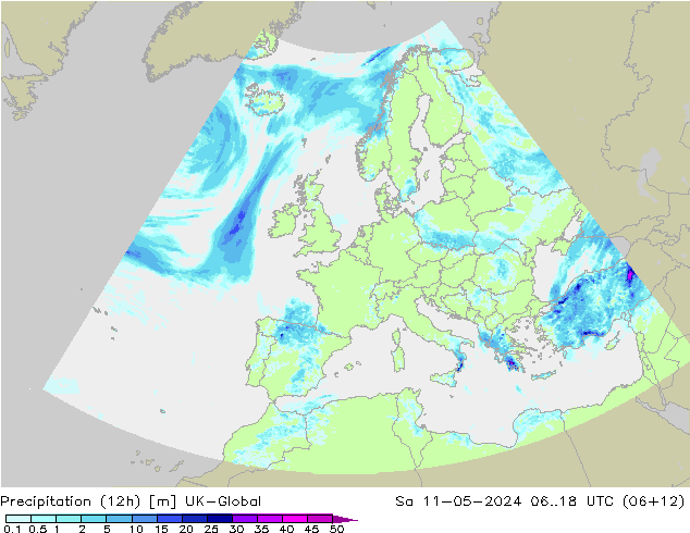 Precipitation (12h) UK-Global So 11.05.2024 18 UTC