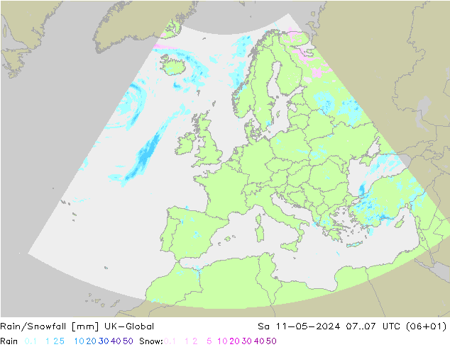 Rain/Snowfall UK-Global 星期六 11.05.2024 07 UTC