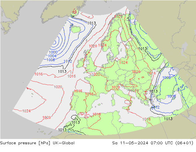 地面气压 UK-Global 星期六 11.05.2024 07 UTC
