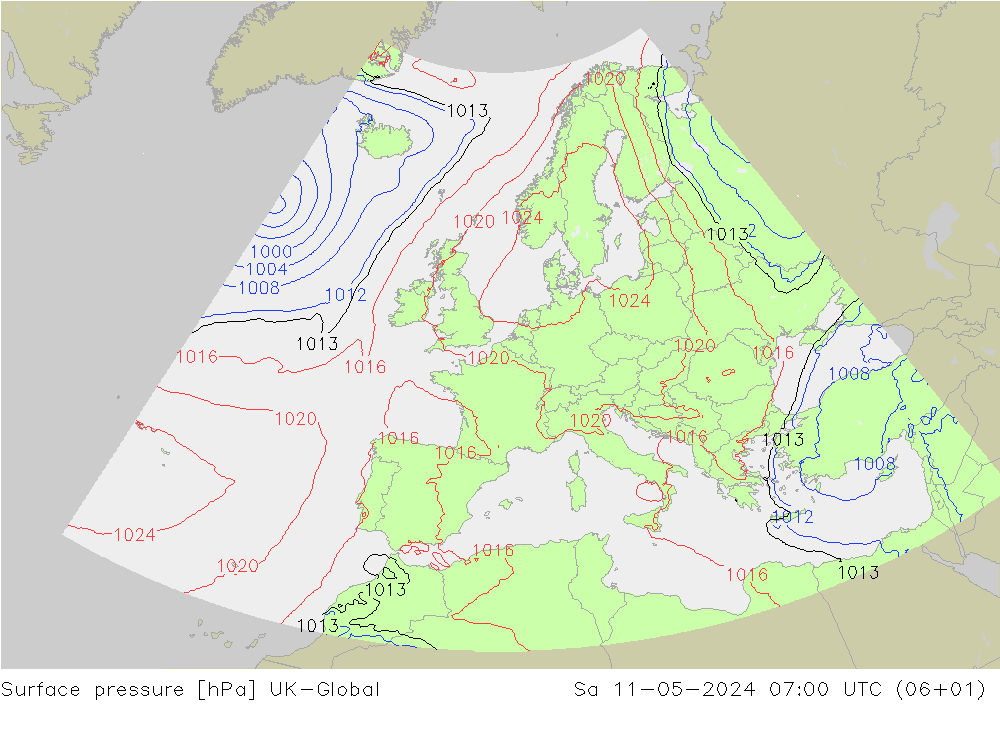 地面气压 UK-Global 星期六 11.05.2024 07 UTC