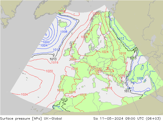 Pressione al suolo UK-Global sab 11.05.2024 09 UTC