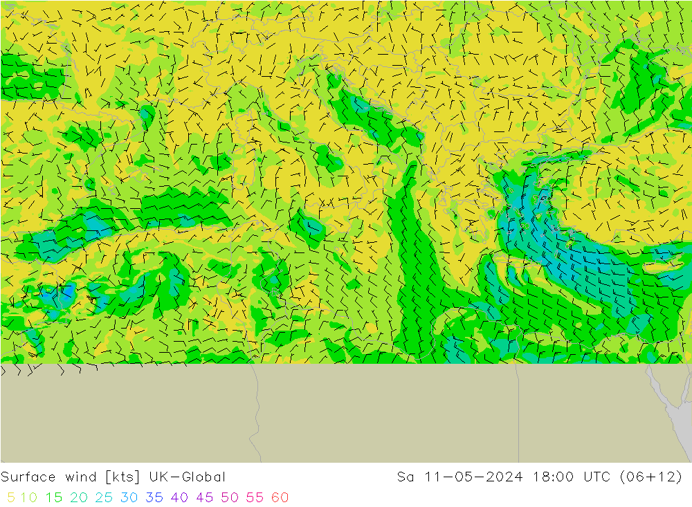 Wind 10 m UK-Global za 11.05.2024 18 UTC