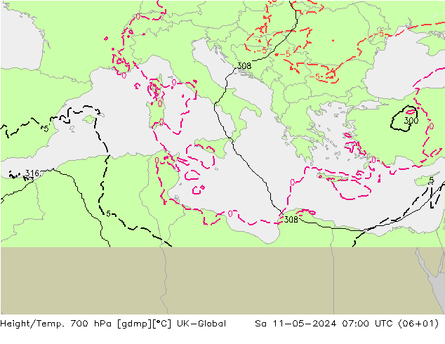 Yükseklik/Sıc. 700 hPa UK-Global Cts 11.05.2024 07 UTC