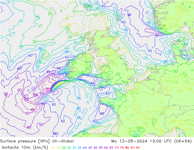 Isotachs (kph) UK-Global пн 13.05.2024 12 UTC