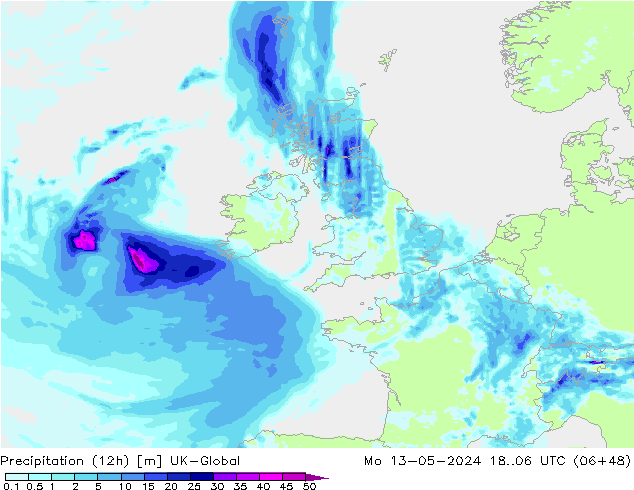 Precipitation (12h) UK-Global Mo 13.05.2024 06 UTC