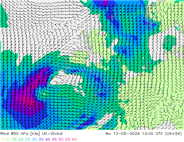 Wind 850 hPa UK-Global ma 13.05.2024 12 UTC