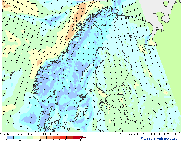Wind 10 m (bft) UK-Global za 11.05.2024 12 UTC