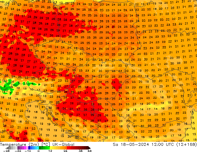 Temperatura (2m) UK-Global sab 18.05.2024 12 UTC