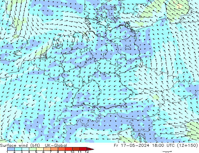 Wind 10 m (bft) UK-Global vr 17.05.2024 18 UTC