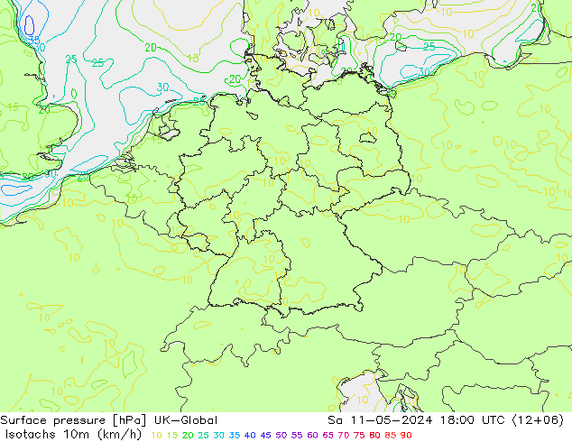 10米等风速线 (kph) UK-Global 星期六 11.05.2024 18 UTC