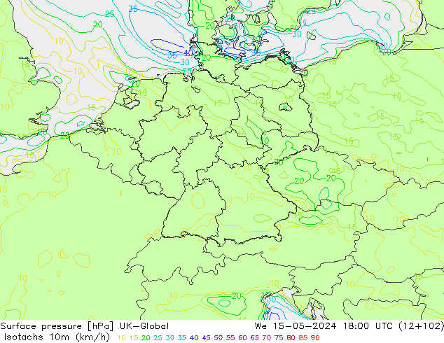 Isotachen (km/h) UK-Global wo 15.05.2024 18 UTC