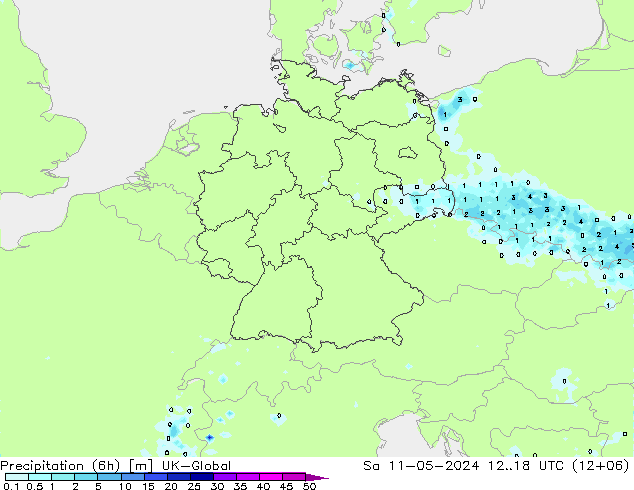 降水量 (6h) UK-Global 星期六 11.05.2024 18 UTC