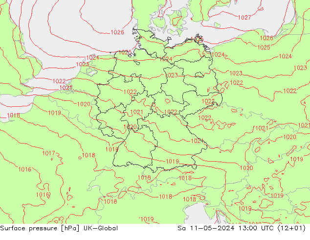 Pressione al suolo UK-Global sab 11.05.2024 13 UTC