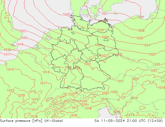 Pressione al suolo UK-Global sab 11.05.2024 21 UTC