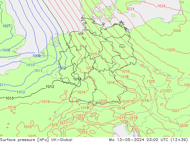 Presión superficial UK-Global lun 13.05.2024 03 UTC