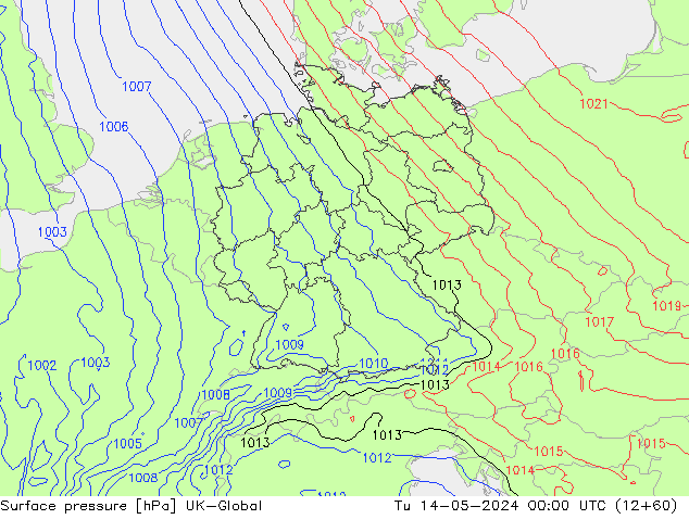 Surface pressure UK-Global Tu 14.05.2024 00 UTC