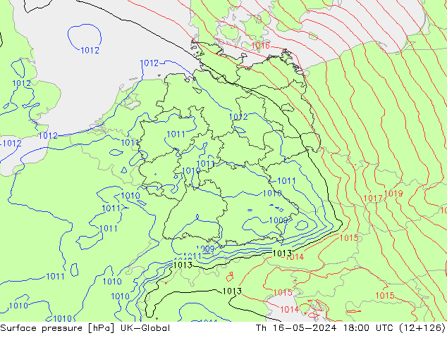 Presión superficial UK-Global jue 16.05.2024 18 UTC