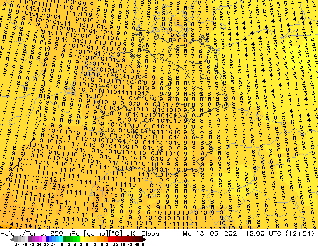 Height/Temp. 850 hPa UK-Global Mo 13.05.2024 18 UTC