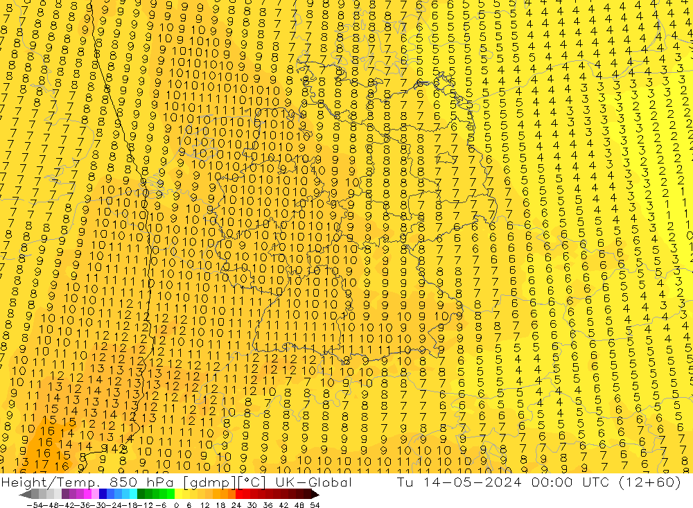 Height/Temp. 850 гПа UK-Global вт 14.05.2024 00 UTC