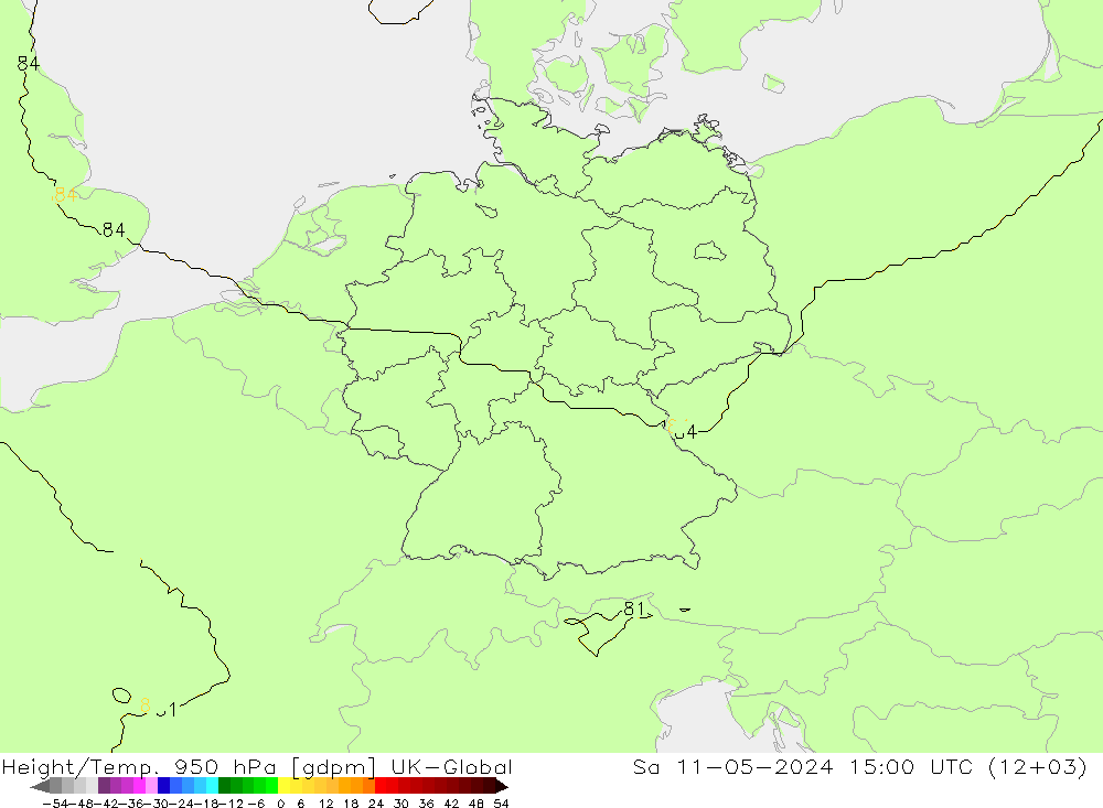 Height/Temp. 950 hPa UK-Global 星期六 11.05.2024 15 UTC