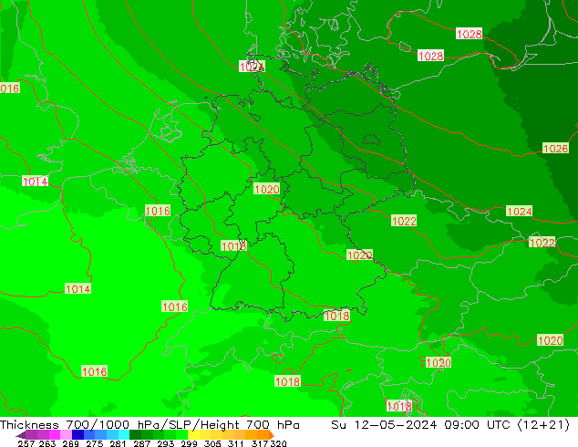 Thck 700-1000 hPa UK-Global dim 12.05.2024 09 UTC