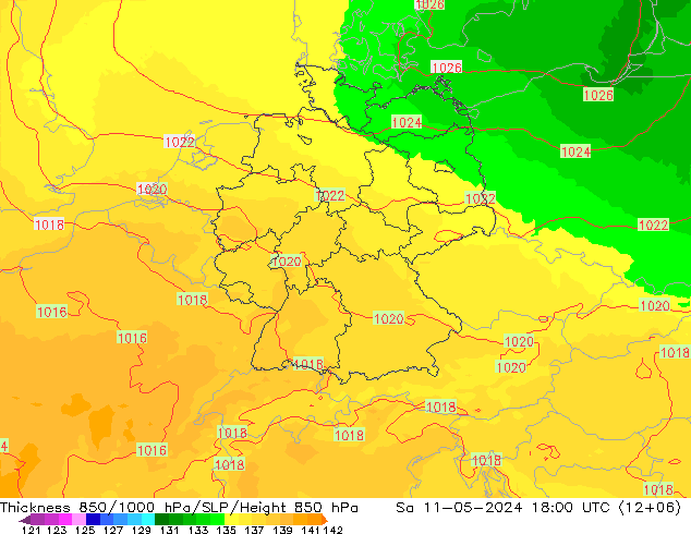 Espesor 850-1000 hPa UK-Global sáb 11.05.2024 18 UTC
